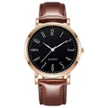 Détail d'une montre à quartz rose doré, cadran noir et bracelet en cuir marron - Cadran Noir Bracelet Marron