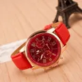Reloj de cuarzo para mujer en oro rosa con correa de cuero roja y esfera roja - Rojo