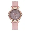 Reloj de cuero rosa mate con caja de oro rosa y esfera de diamantes violeta estrellada - Rosa