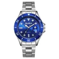 Detailed close-up of blue sunray dial and magnifying date window on silver quartz watch - Blue