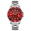 Men's quartz watch with red dial and steel strap featuring a date calendar window - Red