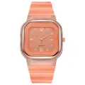 Dettaglio orologio al quarzo quadrato arancione corallo con ghiera oro rosa e cinturino - Arancione