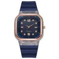 Detalle de reloj de cuarzo cuadrado con correa de silicona azul y marco de oro rosa - Azul