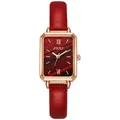 Retro women's square quartz watch with rose gold case and red leather strap - Red