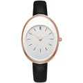 Elegant minimalist rose gold oval quartz watch with white dial and black leather strap - Black