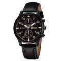 Classic men's quartz watch with black leather strap and large luminous dial - Black Dial Gold Text Black Strap