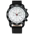 Detailed close-up of a men's sports watch with black leather strap and big white dial - White Face Black Strap