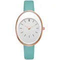 Detail view of oval rose gold quartz watch with minimalist dial and mint green leather strap - Sky Blue