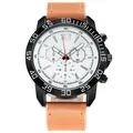 Macro detail of white dial with three sub-dials and brown leather strap of men's sports watch - White Face Brown Strap