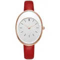Detail view of oval white dial with rose gold case and textured red leather watch strap - Red