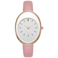 Detail of pink leather strap and rose gold oval watch case with white minimalist dial - Pink