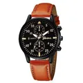 Geneva men's business watch with black dial, brown leather strap, and luminous display - Black Dial Gold Text Brown Strap