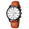 Men's quartz watch with orange leather strap, white dial, and black metal case - White Dial Coffee Strap