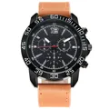 Detail of sports quartz watch with black dial, luminous hands and brown leather strap - Black Face Brown Strap