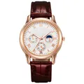 Macro view of men's business watch with rose gold case and brown leather strap - White Face Brown Strap