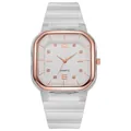 Elegante reloj de cuarzo cuadrado en oro rosa con caja transparente y correa de silicona - Blanco