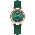 Green leather strap watch with rose gold case and Roman numeral dial for women - Green