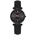 Minimalist black watch with rose gold Roman numerals and stitched leather band - Black