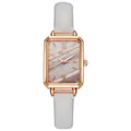 Square quartz watch with rose gold case, white leather strap and marble dial - White