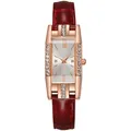 Women's rectangular rose gold quartz watch with diamond bezel and red leather strap - White Dial Red