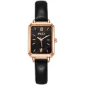 Vintage rectangular quartz watch for women with rose gold case and black leather strap - Black