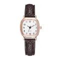 Vintage women's quartz watch with brown leather strap and rose gold rectangular case - White Dial Brown Strap