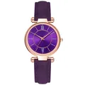 Detail of purple sunray dial watch with rose gold case and matte leather strap - Purple