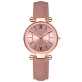 Détail d'une montre à quartz or rose avec cadran soleil et bracelet en cuir rose - Rose