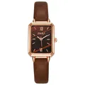 Vintage small square watch with rose gold case, brown wood dial and leather strap - Brown