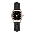 Detail of rose gold square watch face with black leather strap and quartz movement - Black Dial Black Strap