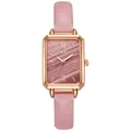 Elegant rectangular women's watch featuring a pink marble dial and pink leather strap - Pink