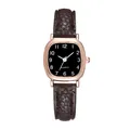 Detail view of square rose gold watch case with black dial and brown leather strap - Black Dial Brown Strap