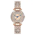 Elegant rose gold women's quartz watch featuring full diamond setting and sunray dial - Rose Gold