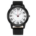 Detail of white watch face with large black numerals and leather strap with gray stitching - White Face Black Strap