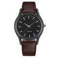 Reloj de cuarzo minimalista con esfera negra y correa de cuero marrón oscuro con costura roja - Esfera Negra para Hombre Correa Marrón Oscuro