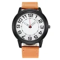 Detail of fashion men's quartz watch featuring white dial with large Arabic numerals - White Face Brown Strap