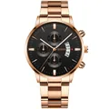 Detailed view of Geneva quartz watch dial with date window and rose gold steel link band - Rose Gold Case Black Dial Rose Gold Hands