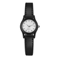 Primer plano de reloj de cuarzo negro minimalista con esfera blanca y correa de cuero - Esfera Blanca para Mujer Correa Negra