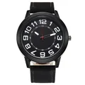 Detail shot of black quartz watch face with large white numerals and leather strap - Black Face Black Strap