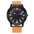 Detail of a brown leather strap and black metal case with white Arabic numerals on the watch - Black Face Brown Strap