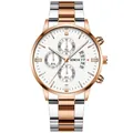 Detail of white dial quartz watch with chronograph sub-dials and date window display - Silver Rose Gold Mixed White Dial Rose Gold Hands