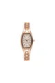 Macro detail of tonneau quartz watch featuring rose gold link band and crystal indices - Rose Gold Case White Dial