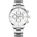 Detailed close-up of white dial quartz watch with chronograph sub-dials and date window - Silver Case White Dial Silver Hands