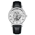 Hohlraum-Herrenuhr im mechanischen Stil mit silbernem Skelett-Zifferblatt und schwarzem Lederband - Silbernes Gehäuse Schwarzes Armband