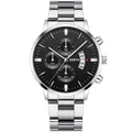 Detailed close-up of a Geneva men's steel watch featuring a black dial and calendar display - Silver Case Black Dial Silver Hands