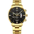 Detail view of gold stainless steel watch band with black dial and date window display - Gold Case Black Dial Gold Hands