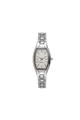 Macro detail of silver tonneau quartz watch with stainless steel bracelet and crystal markers - Silver White