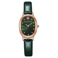 Detailaufnahme der ovalen rotgoldenen Uhr mit grünem Zifferblatt und grünem Lederarmband - Grün