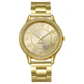 Women's gold quartz watch with rhinestone bezel and heart pattern champagne dial - Gold