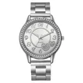 Close-up of women's silver quartz watch featuring rhinestone bezel and heart-shaped dial - Silver